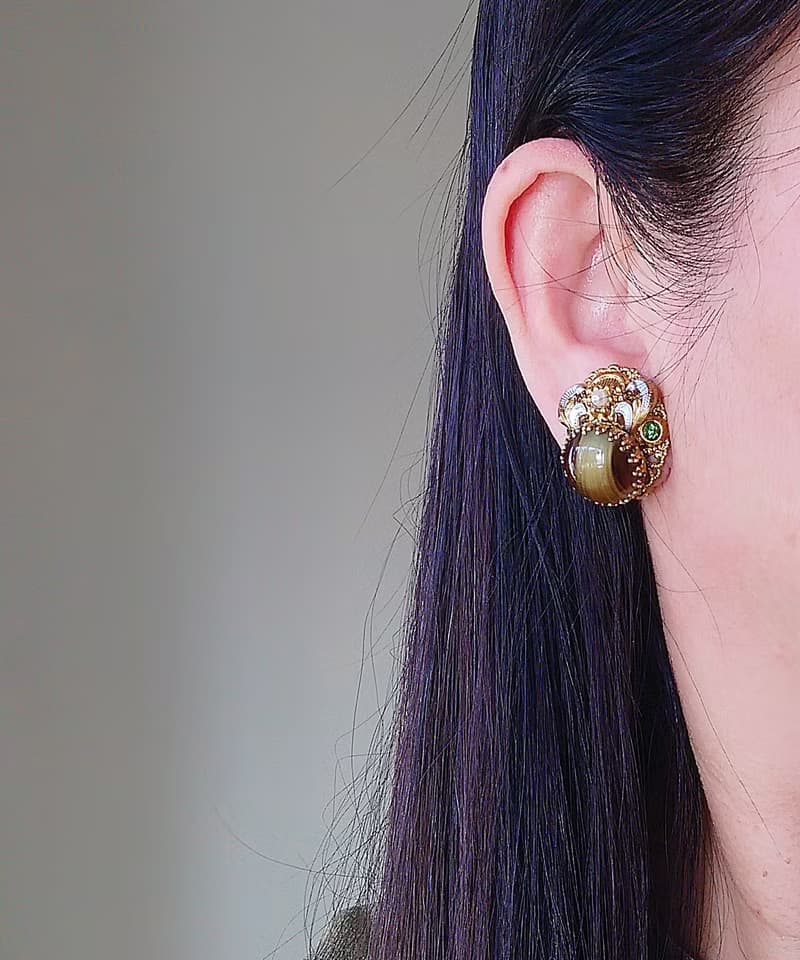vintage jewelry  西德製 古董貓眼琉璃 夾式耳環
