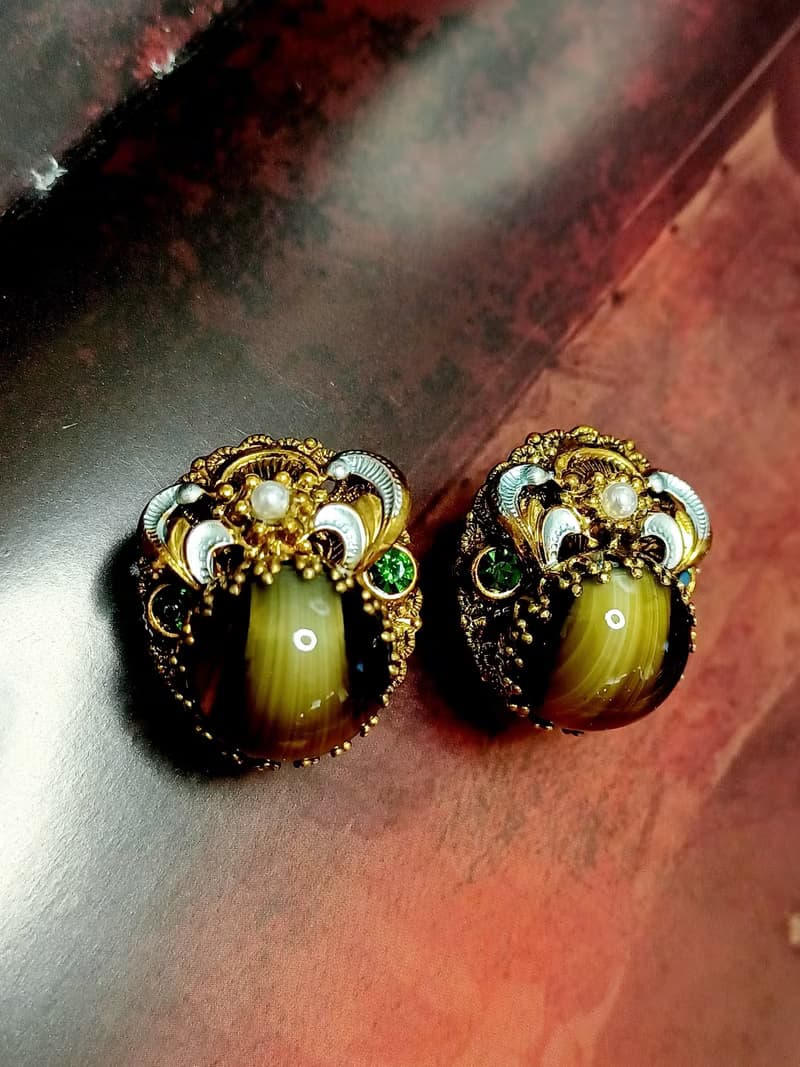 vintage jewelry  西德製 古董貓眼琉璃 夾式耳環