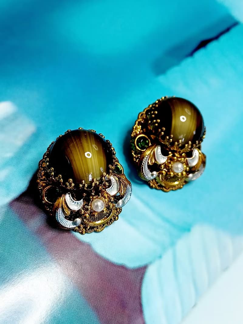 vintage jewelry  西德製 古董貓眼琉璃 夾式耳環