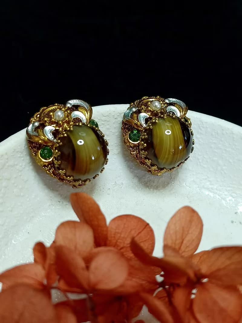 vintage jewelry  西德製 古董貓眼琉璃 夾式耳環