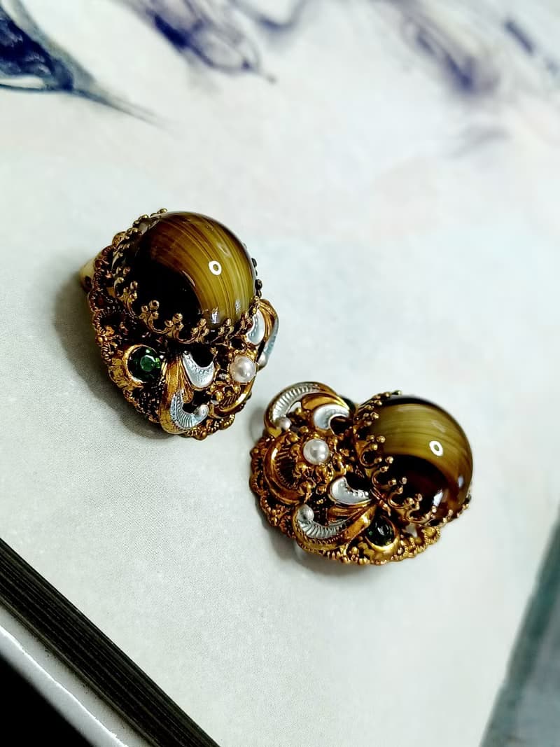 vintage jewelry  西德製 古董貓眼琉璃 夾式耳環