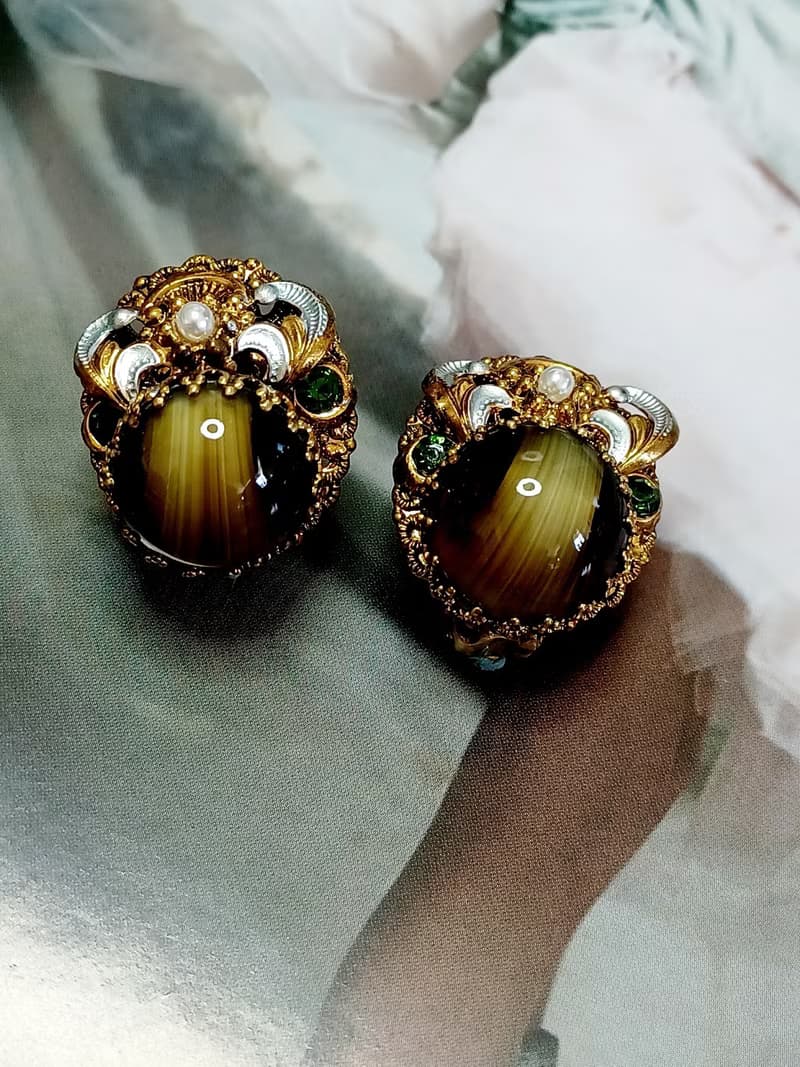 vintage jewelry  西德製 古董貓眼琉璃 夾式耳環
