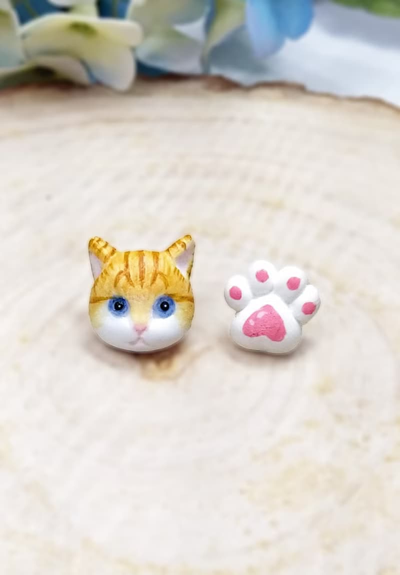 全手作 橘貓+屁屁 耳環 防敏感耳針 耳釘/耳夾 (大橙紋)