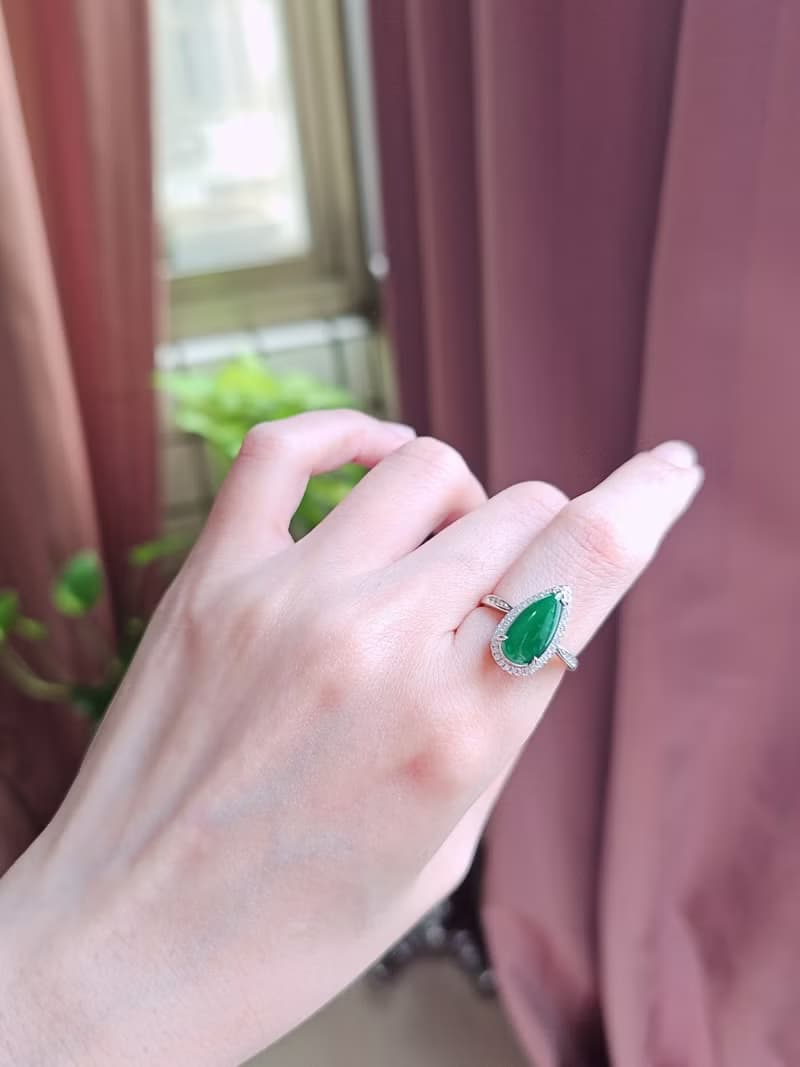 財水|高貴大水滴| 天然A貨翡翠純銀鍍18k戒指