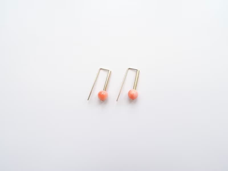 極簡幾何 天然寶石級珊瑚 14K GF 包金 小直管長方開口耳環