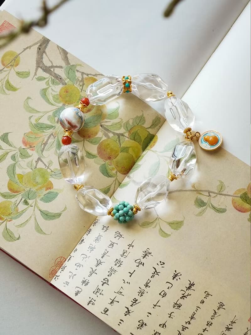 原創手工異形白水晶大漆珠綠松石繡球手串好運手鏈生日禮物
