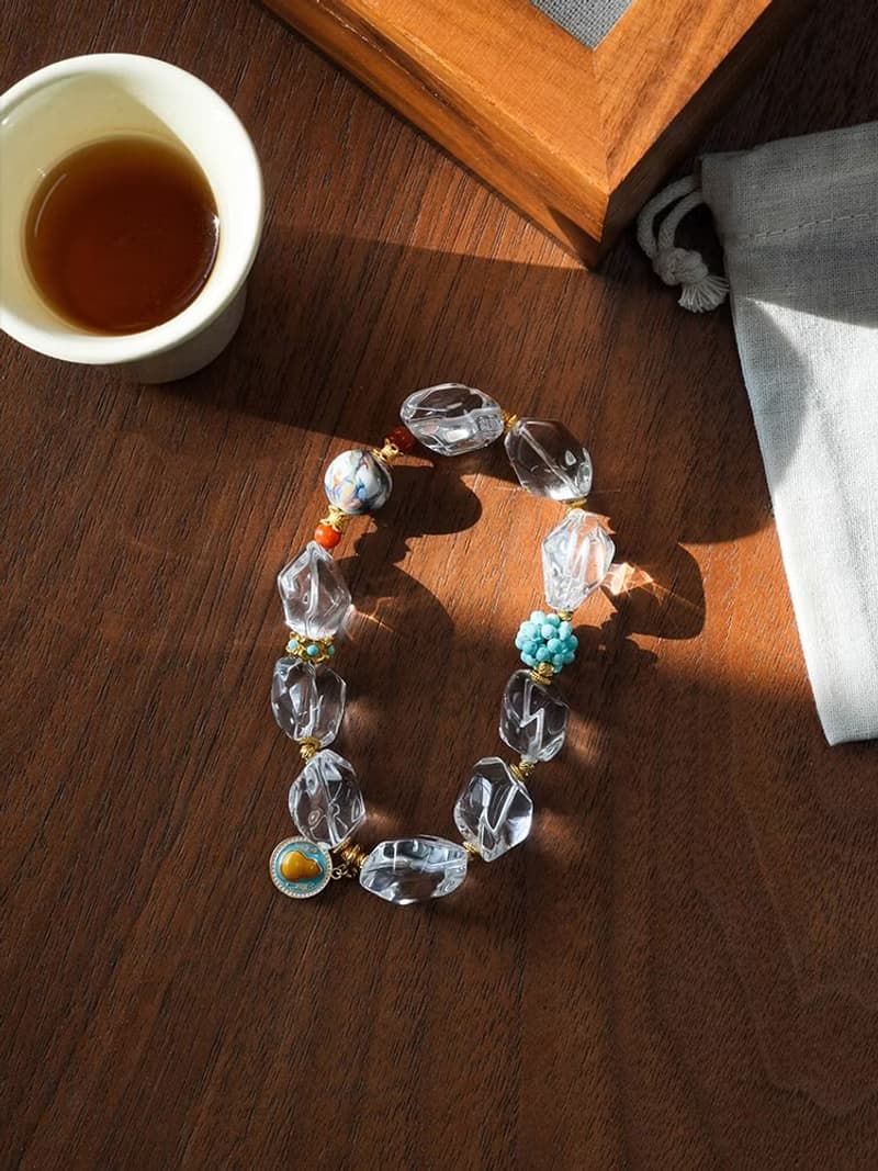 原創手工異形白水晶大漆珠綠松石繡球手串好運手鏈生日禮物