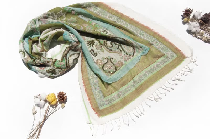 喀什米爾Cashmere/水煮羊毛披肩/針織圍巾/刺繡圍巾/羊絨披巾-花
