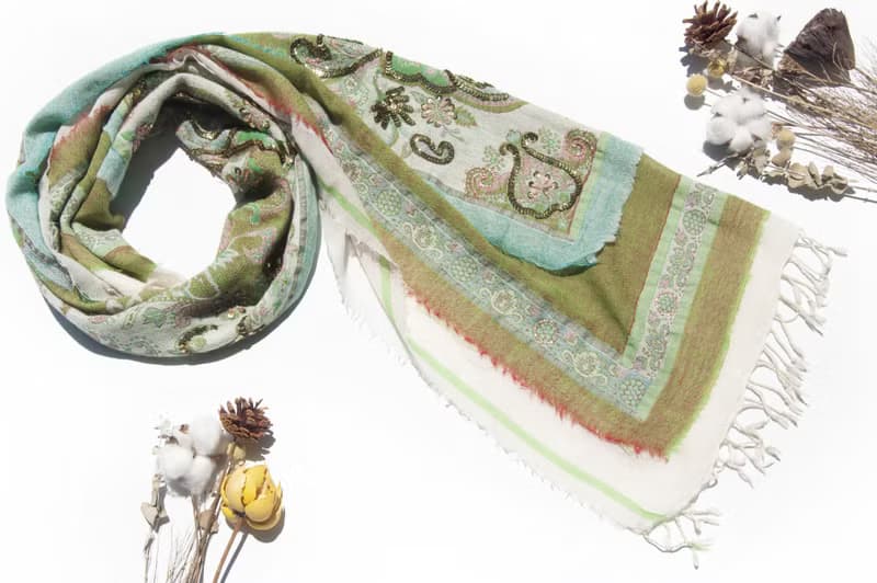 喀什米爾Cashmere/水煮羊毛披肩/針織圍巾/刺繡圍巾/羊絨披巾-花