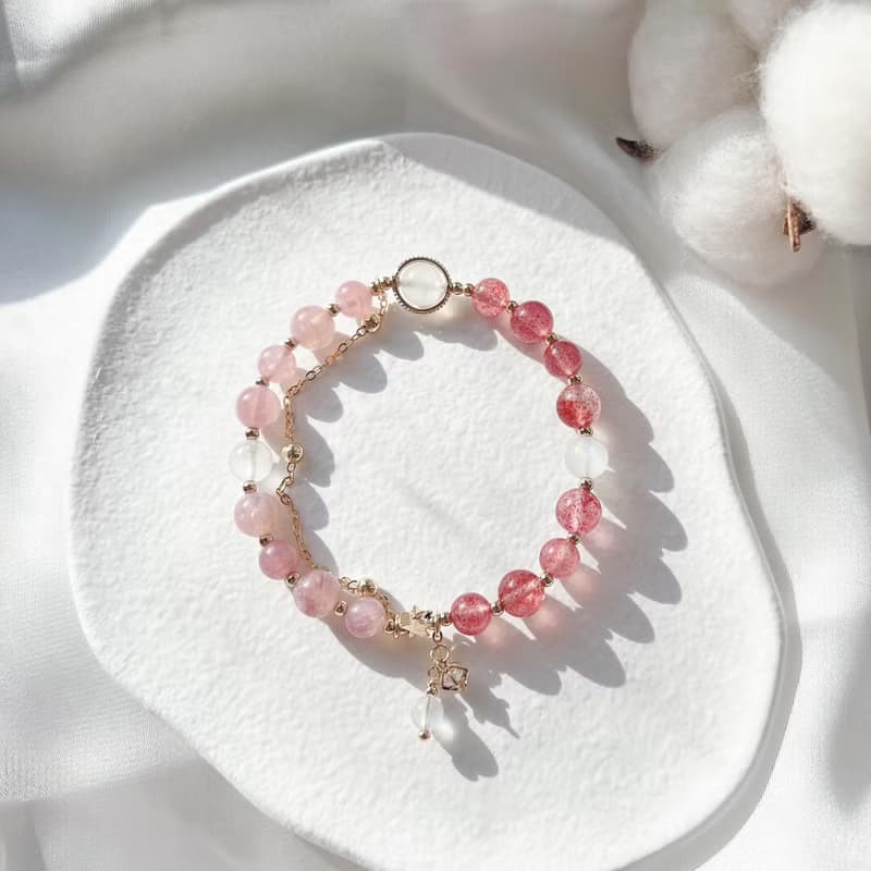 粉晶 草莓晶 月光石 14k包金 天然水晶手鍊