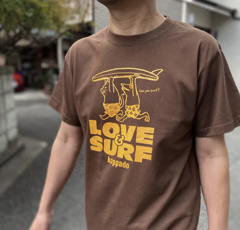 猫と青蛙のTシャツ　チョコレートブラウン　男女兼用