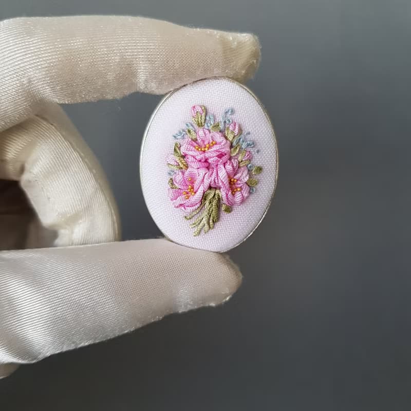 Ribbon embroidered pink brooch for her, embroidered jewelry