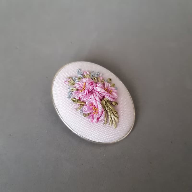 Ribbon embroidered pink brooch for her, embroidered jewelry
