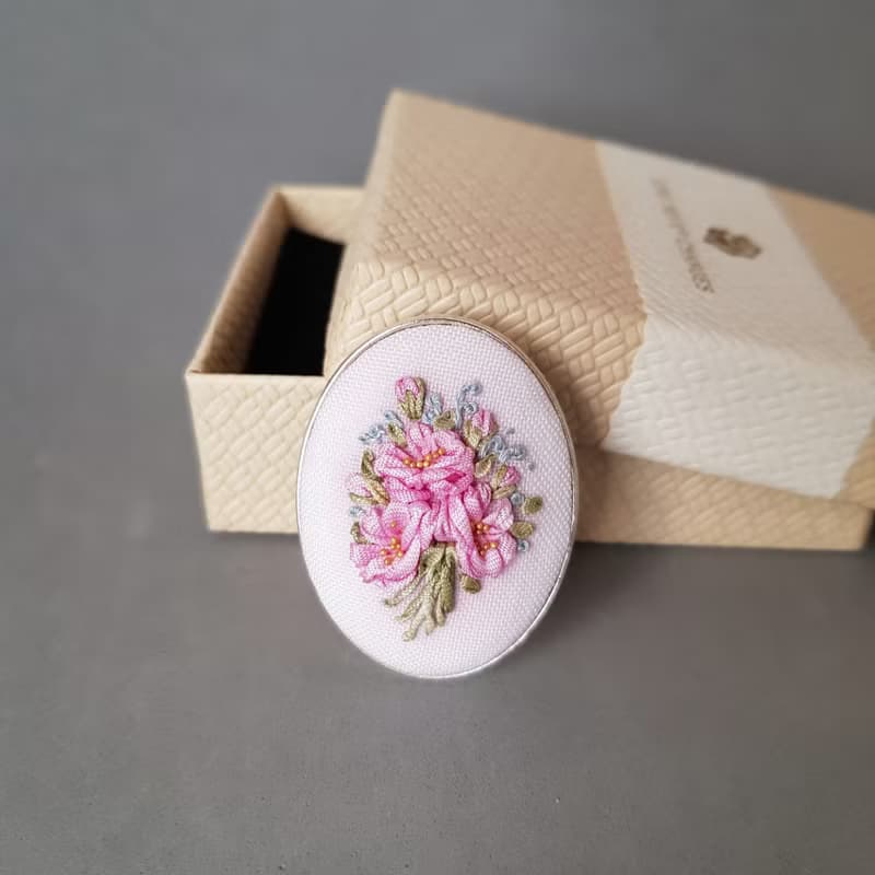 Ribbon embroidered pink brooch for her, embroidered jewelry