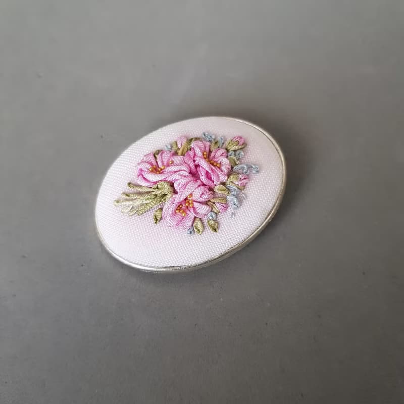 Ribbon embroidered pink brooch for her, embroidered jewelry