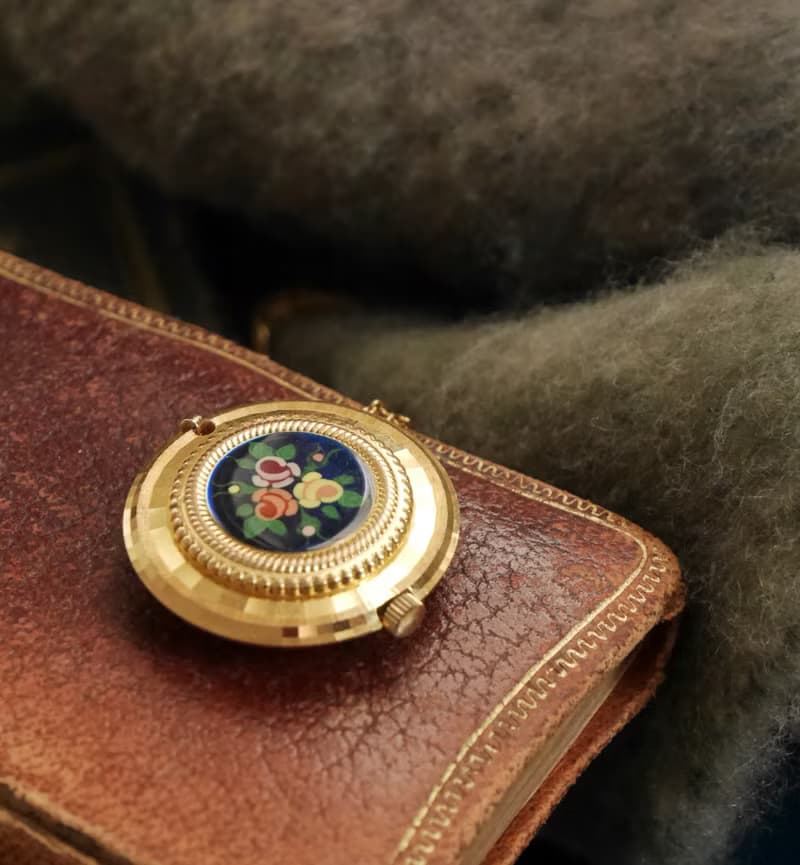 老又好 Vintage金色琺瑯花雙面懷錶發條錶項鍊 法國 N796