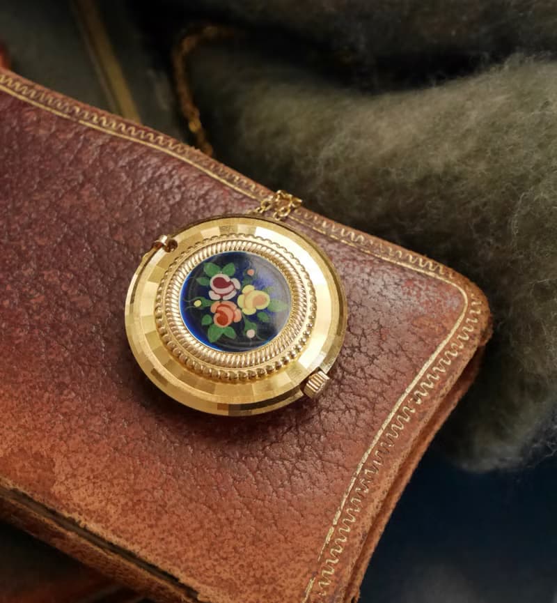 老又好 Vintage金色琺瑯花雙面懷錶發條錶項鍊 法國 N796