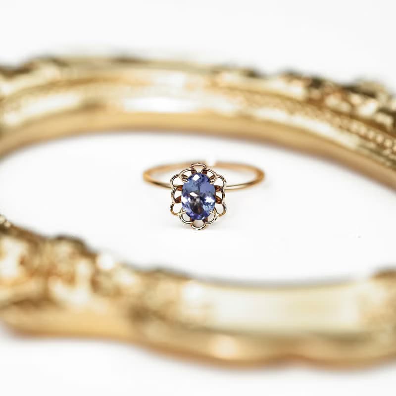【PurpleMay Jewellery】純18K金坦桑石天然寶石復古花卉TB-R169
