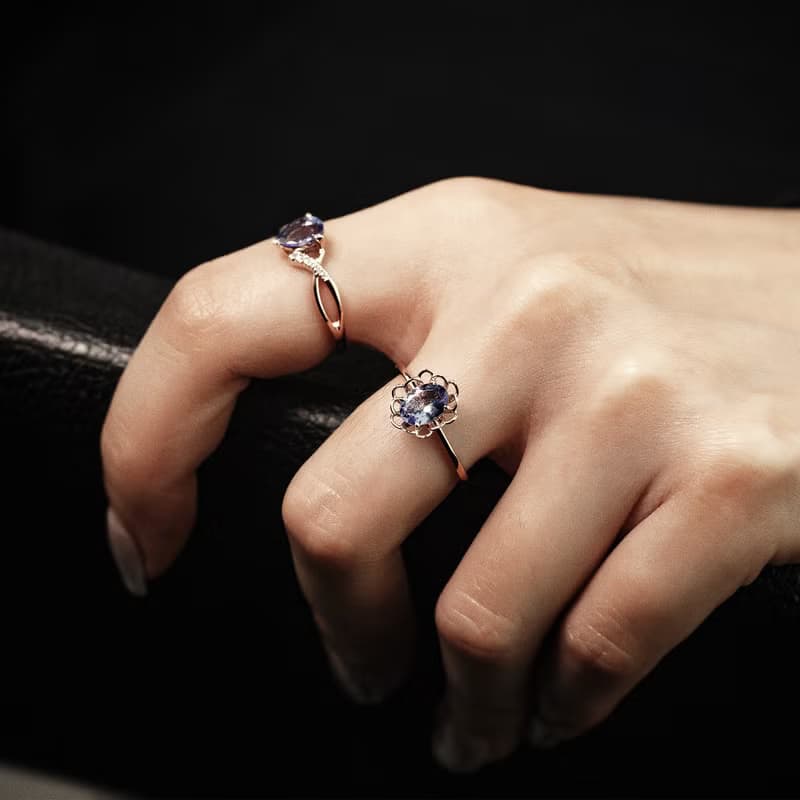 【PurpleMay Jewellery】純18K金坦桑石天然寶石復古花卉TB-R169