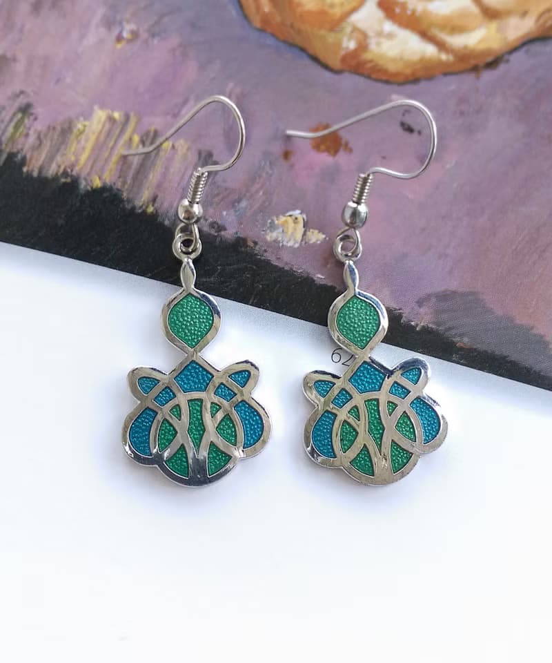 Vintage Jewelry 西洋古董飾品 景泰藍 藍綠 流紋 耳勾 針式耳環