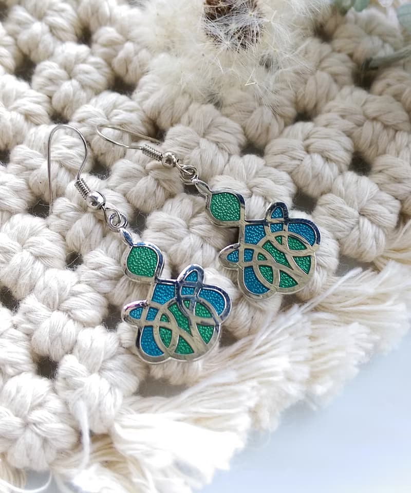 Vintage Jewelry 西洋古董飾品 景泰藍 藍綠 流紋 耳勾 針式耳環