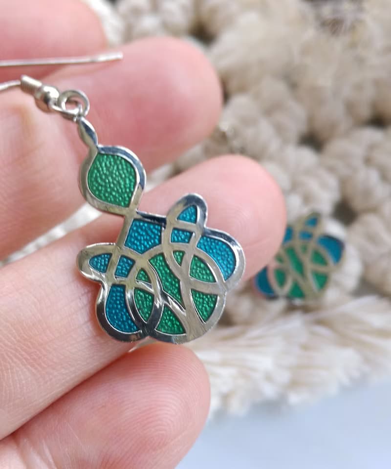 Vintage Jewelry 西洋古董飾品 景泰藍 藍綠 流紋 耳勾 針式耳環