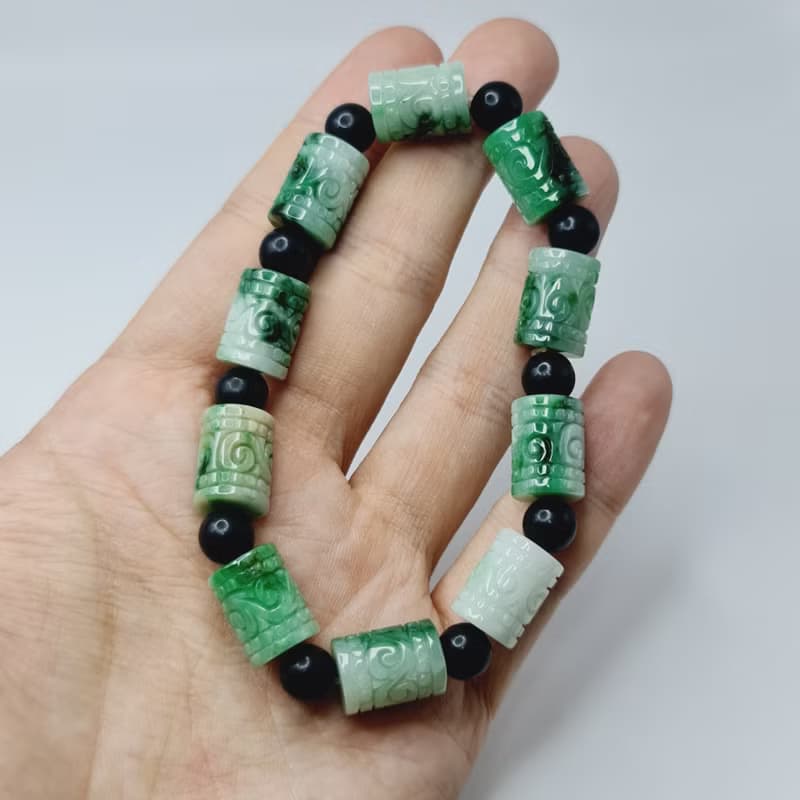 辣綠回紋桶珠手串 手珠 珠串 | 天然緬甸玉A貨翡翠