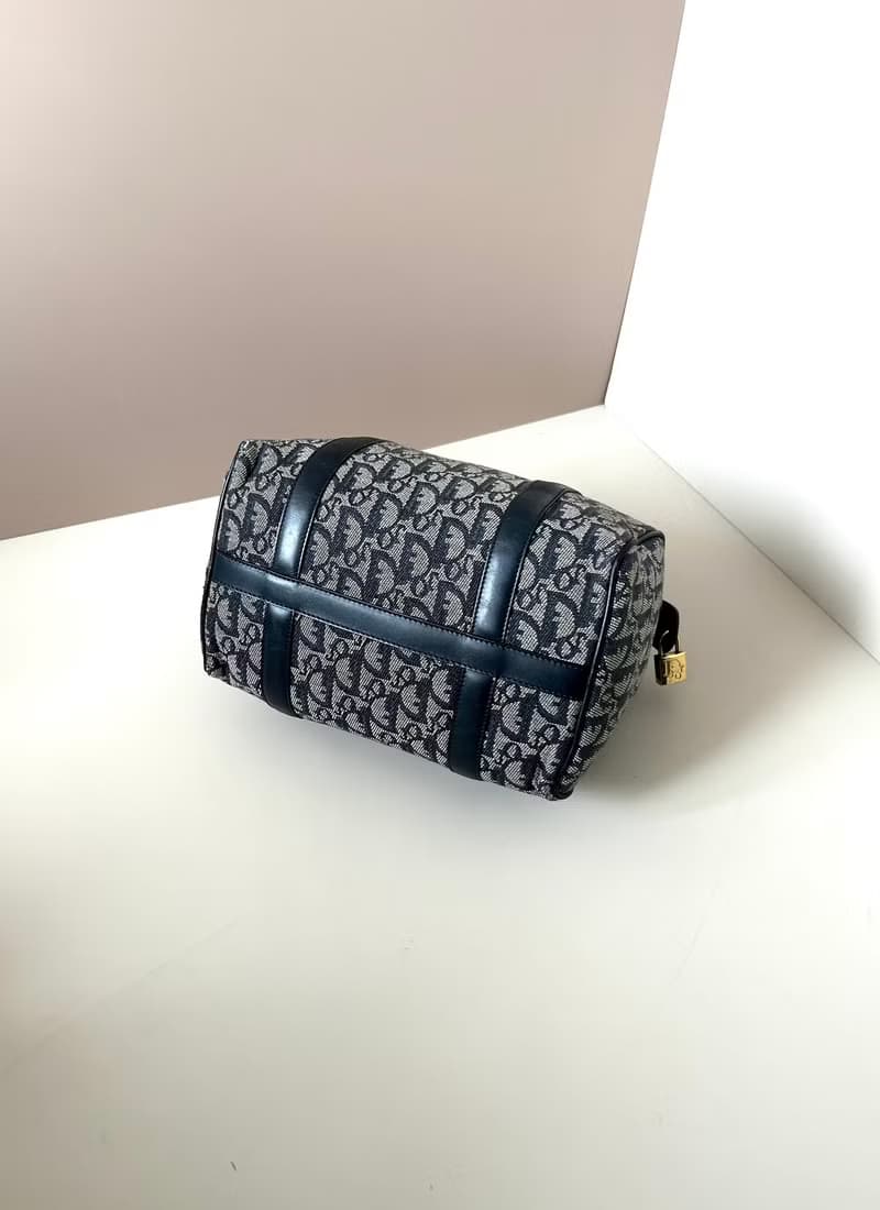 【母親節優惠】稀有中古二手Dior藍色老花迷你波士頓手提圓桶袋小