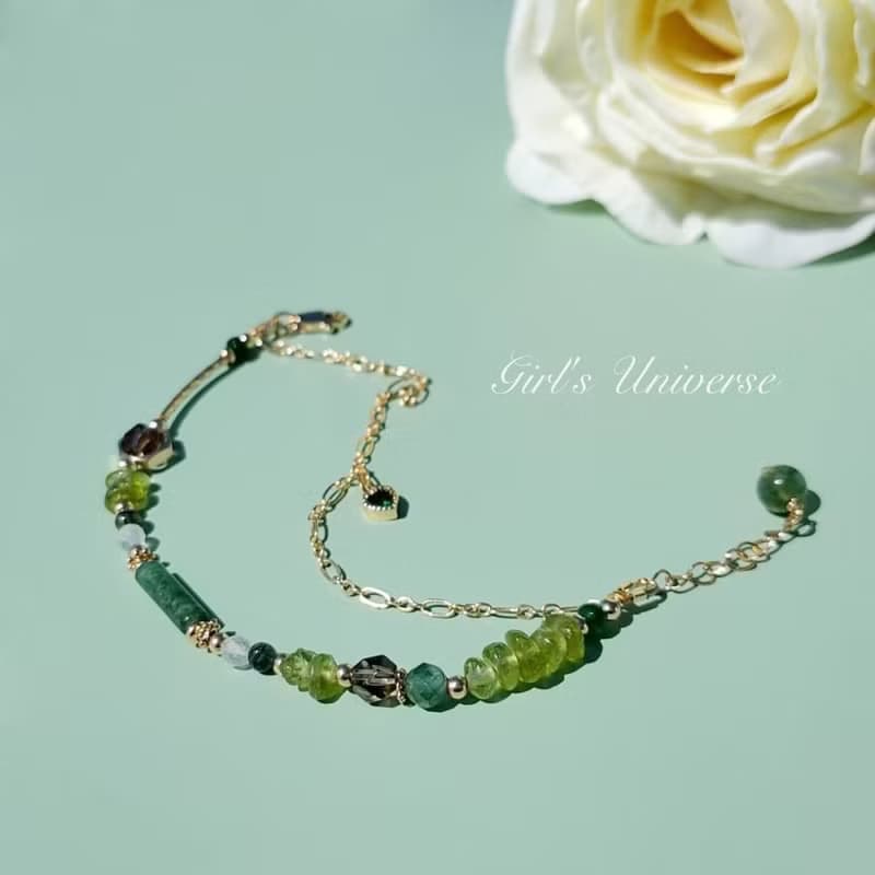 竹取物語。水草瑪瑙 橄欖石 綠髮晶 14K包金 水晶礦石設計手鍊