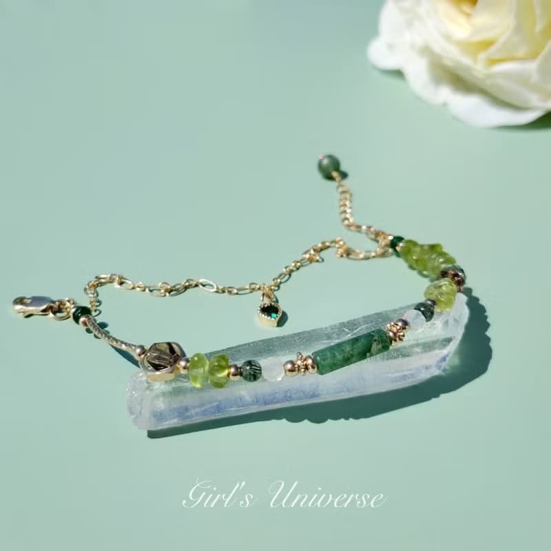 竹取物語。水草瑪瑙 橄欖石 綠髮晶 14K包金 水晶礦石設計手鍊
