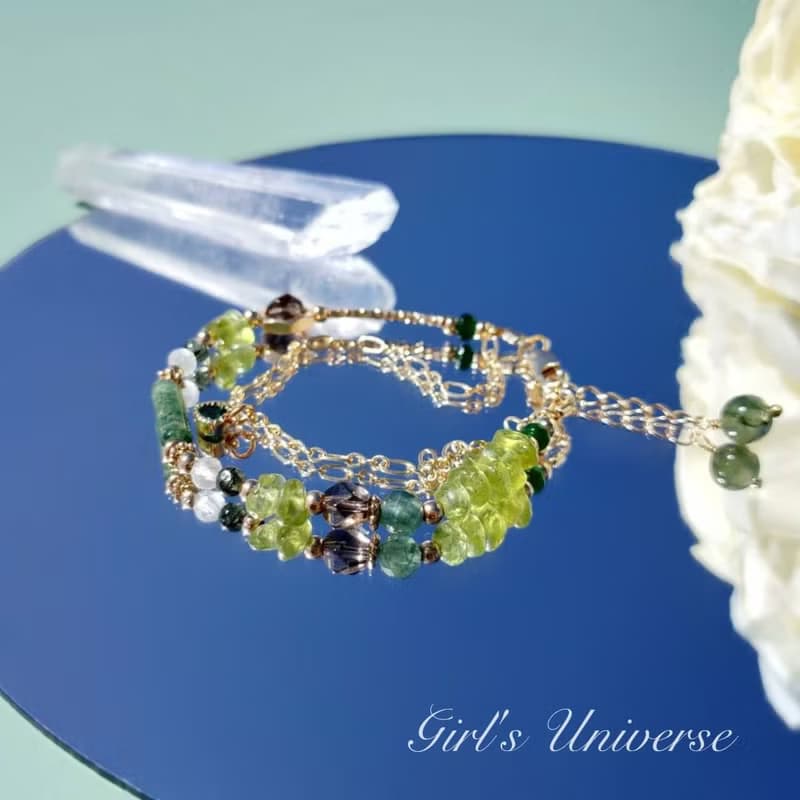 竹取物語。水草瑪瑙 橄欖石 綠髮晶 14K包金 水晶礦石設計手鍊