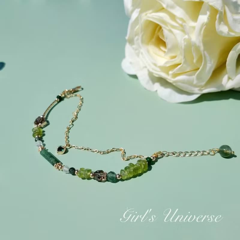 竹取物語。水草瑪瑙 橄欖石 綠髮晶 14K包金 水晶礦石設計手鍊