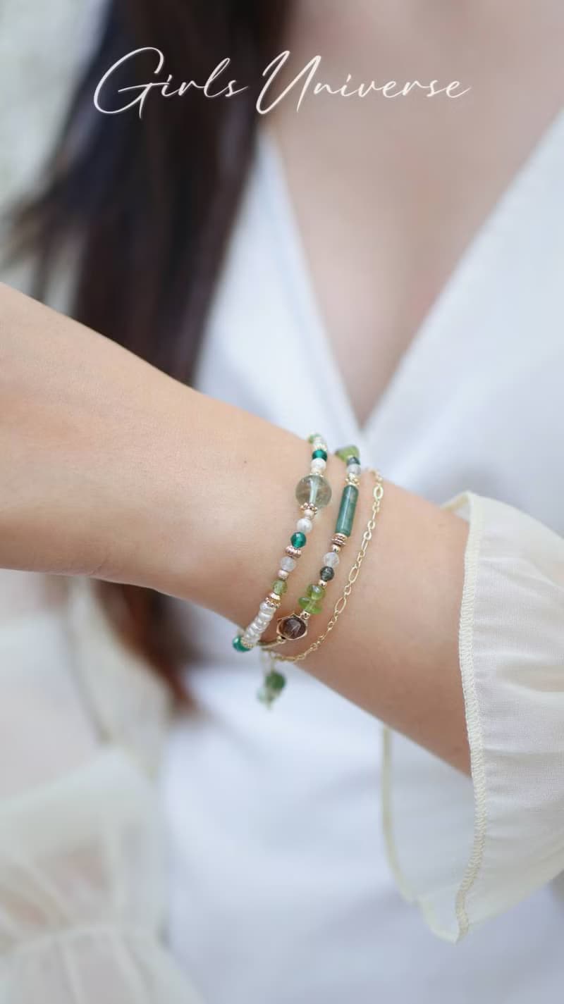 竹取物語。水草瑪瑙 橄欖石 綠髮晶 14K包金 水晶礦石設計手鍊