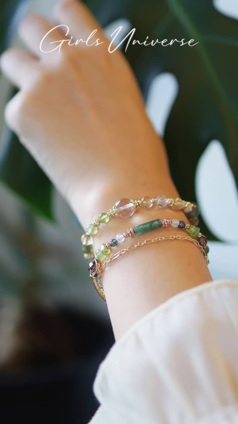 竹取物語。水草瑪瑙 橄欖石 綠髮晶 14K包金 水晶礦石設計手鍊