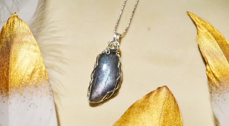 純手工純銀繞線彩色葉子拉長石吊墜