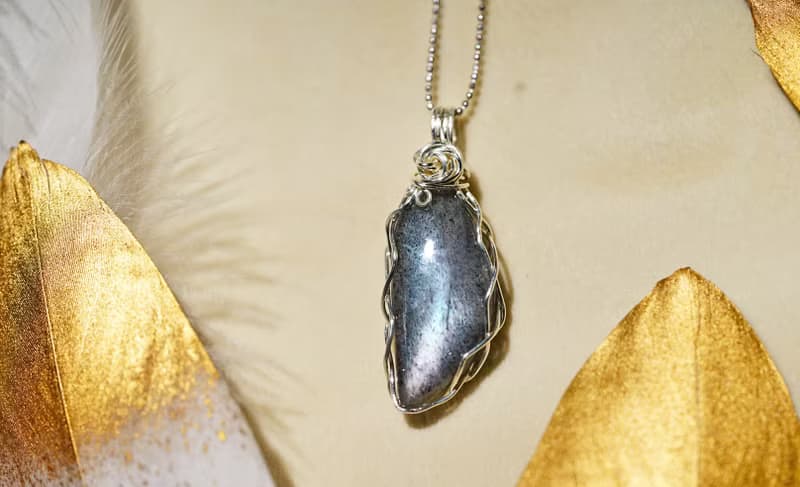 純手工純銀繞線彩色葉子拉長石吊墜