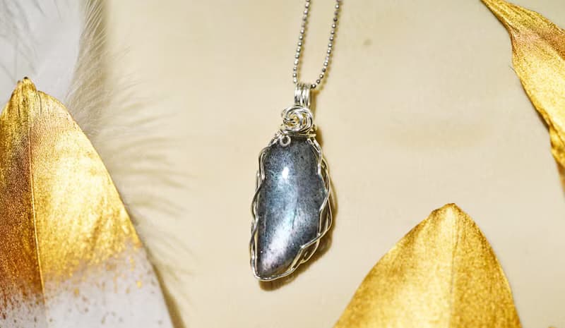 純手工純銀繞線彩色葉子拉長石吊墜