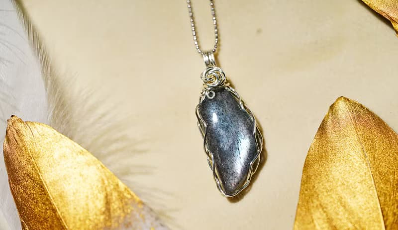 純手工純銀繞線彩色葉子拉長石吊墜