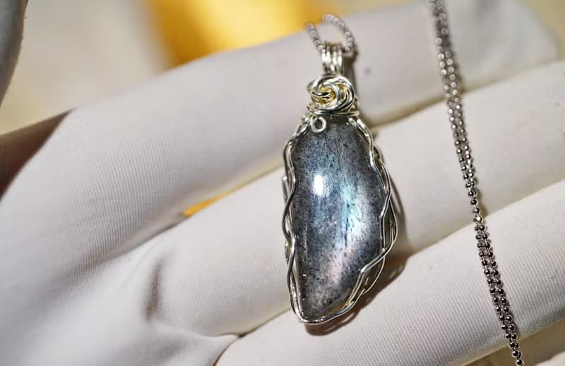 純手工純銀繞線彩色葉子拉長石吊墜