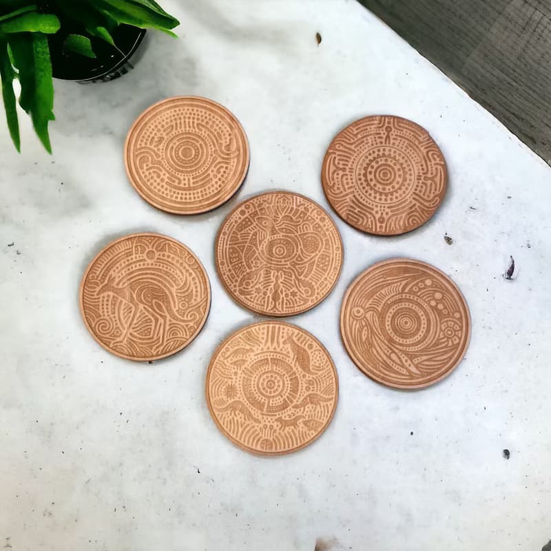 Aboriginal Patterns Wooden Coaster Set – Unique Home Bar Decor