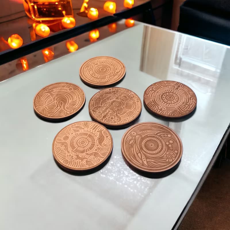 Aboriginal Patterns Wooden Coaster Set – Unique Home Bar Decor
