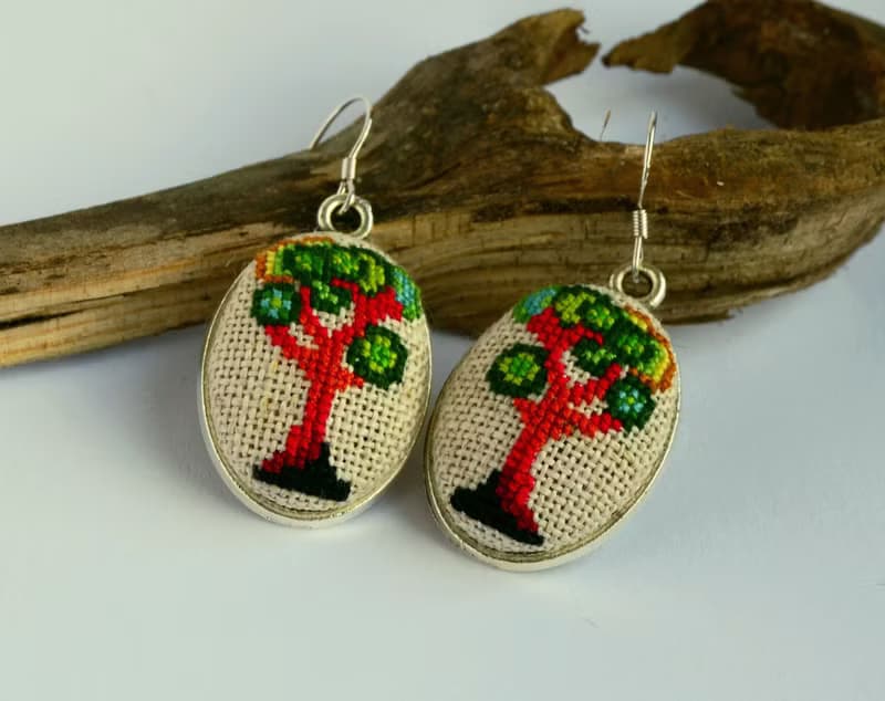 綠樹刺繡耳環十字繡自然面料首飾手工植物女士禮物