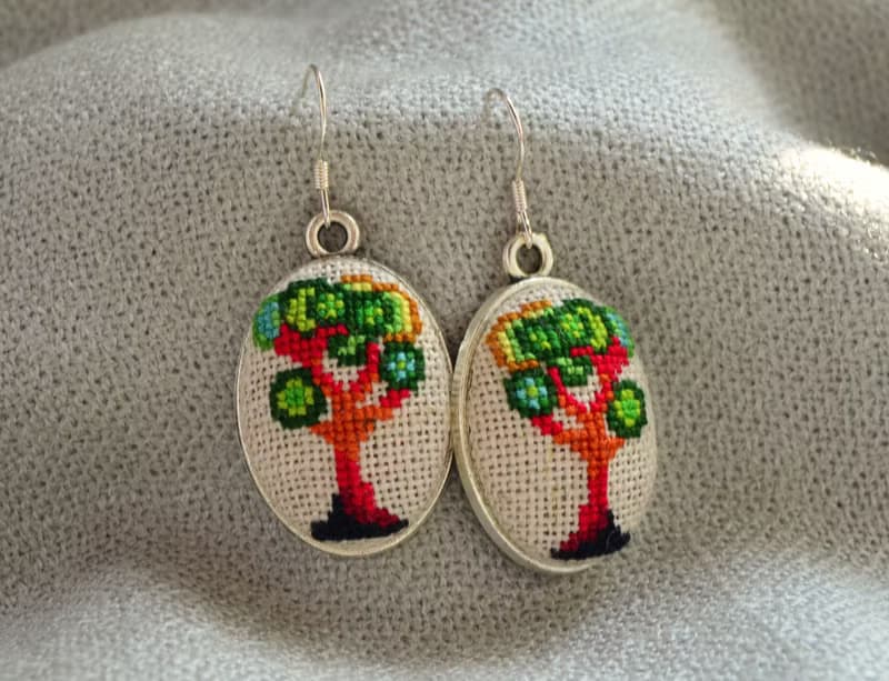 綠樹刺繡耳環十字繡自然面料首飾手工植物女士禮物