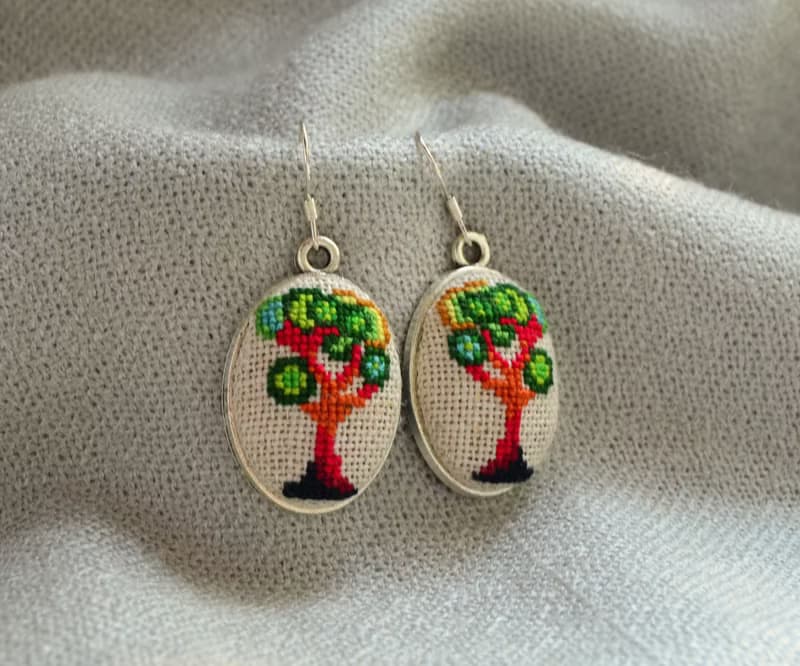 綠樹刺繡耳環十字繡自然面料首飾手工植物女士禮物