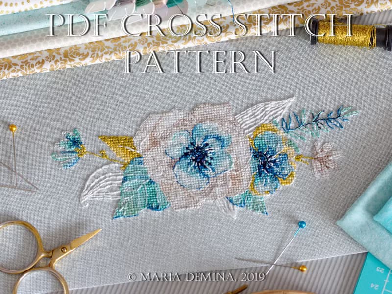 【數位】Watercolor Mint&Gold Bouquet I PDF cross stitch pattern