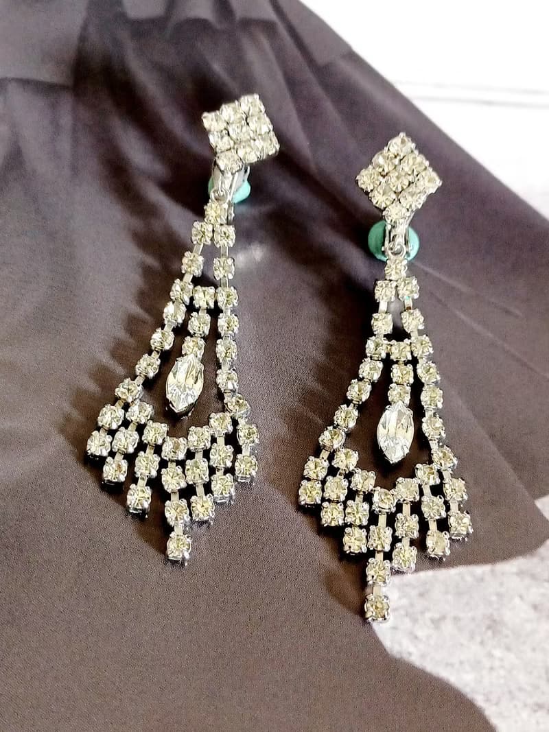 vintage jewelry 華麗晚宴風垂墜萊茵鑽 夾式耳環