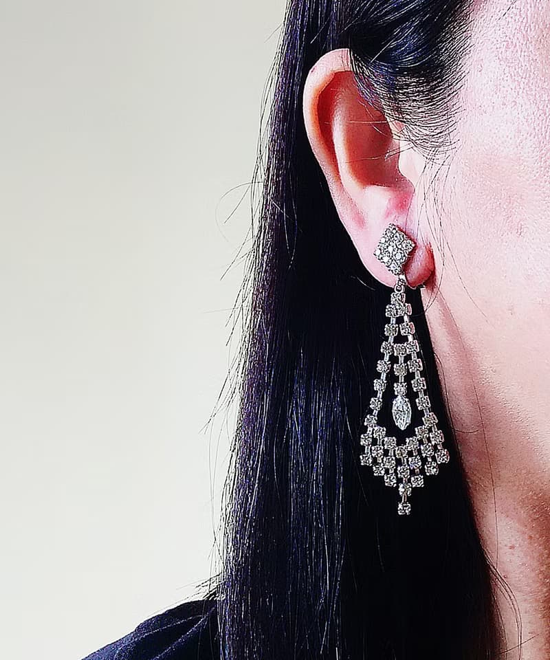 vintage jewelry 華麗晚宴風垂墜萊茵鑽 夾式耳環
