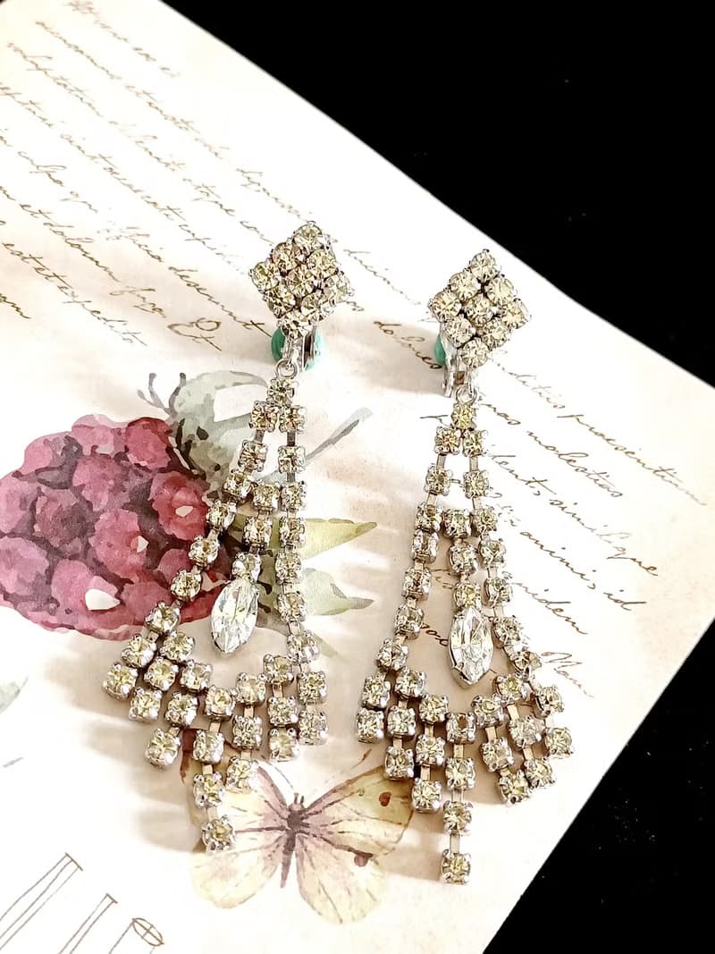 vintage jewelry 華麗晚宴風垂墜萊茵鑽 夾式耳環