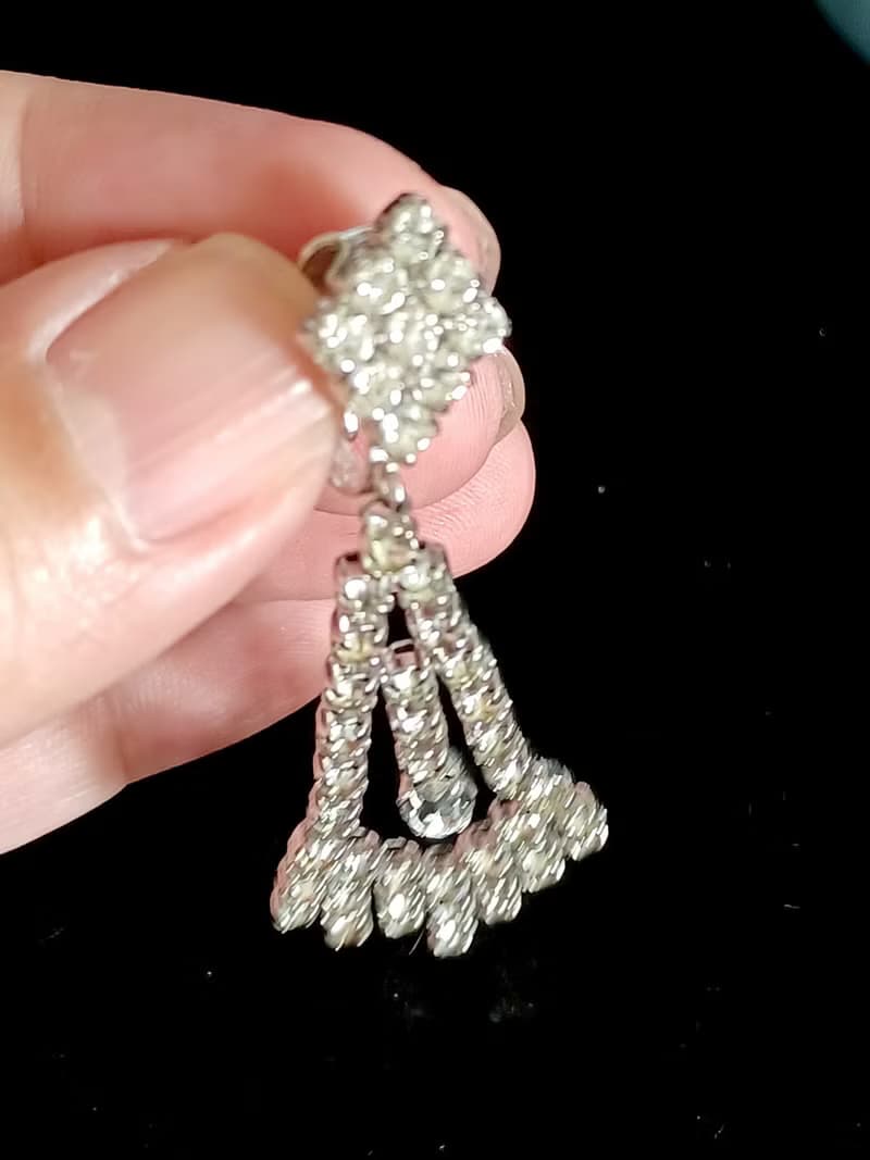 vintage jewelry 華麗晚宴風垂墜萊茵鑽 夾式耳環