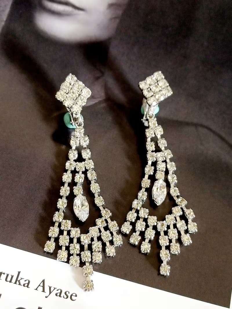 vintage jewelry 華麗晚宴風垂墜萊茵鑽 夾式耳環